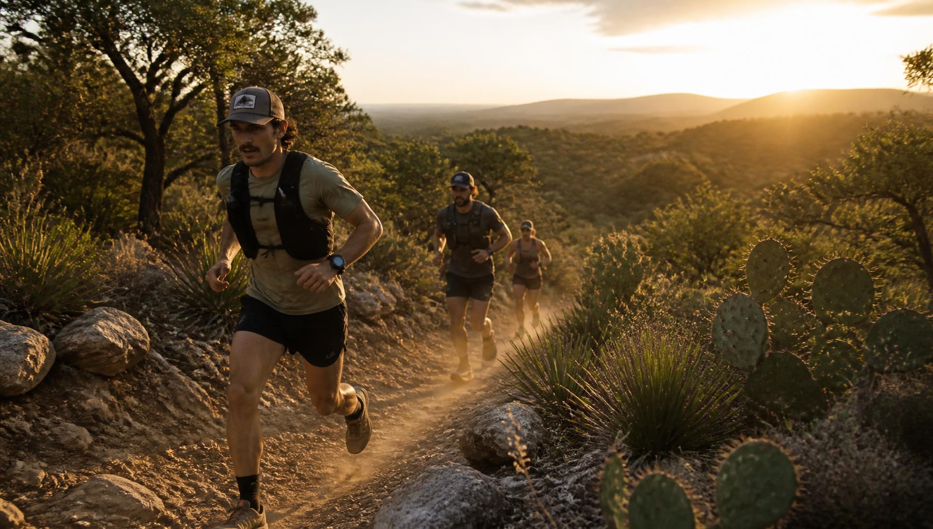 Trail runners on a rocky Texas Hill Country singletrack at golden hour
